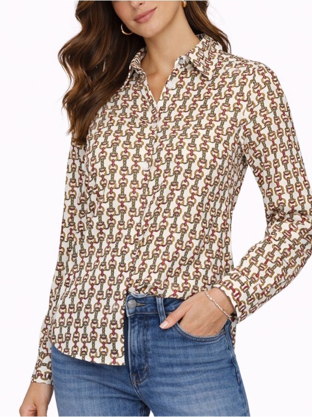 Talbots blouse brand No-iron SZ 6 button up fitted chain detailing casual top